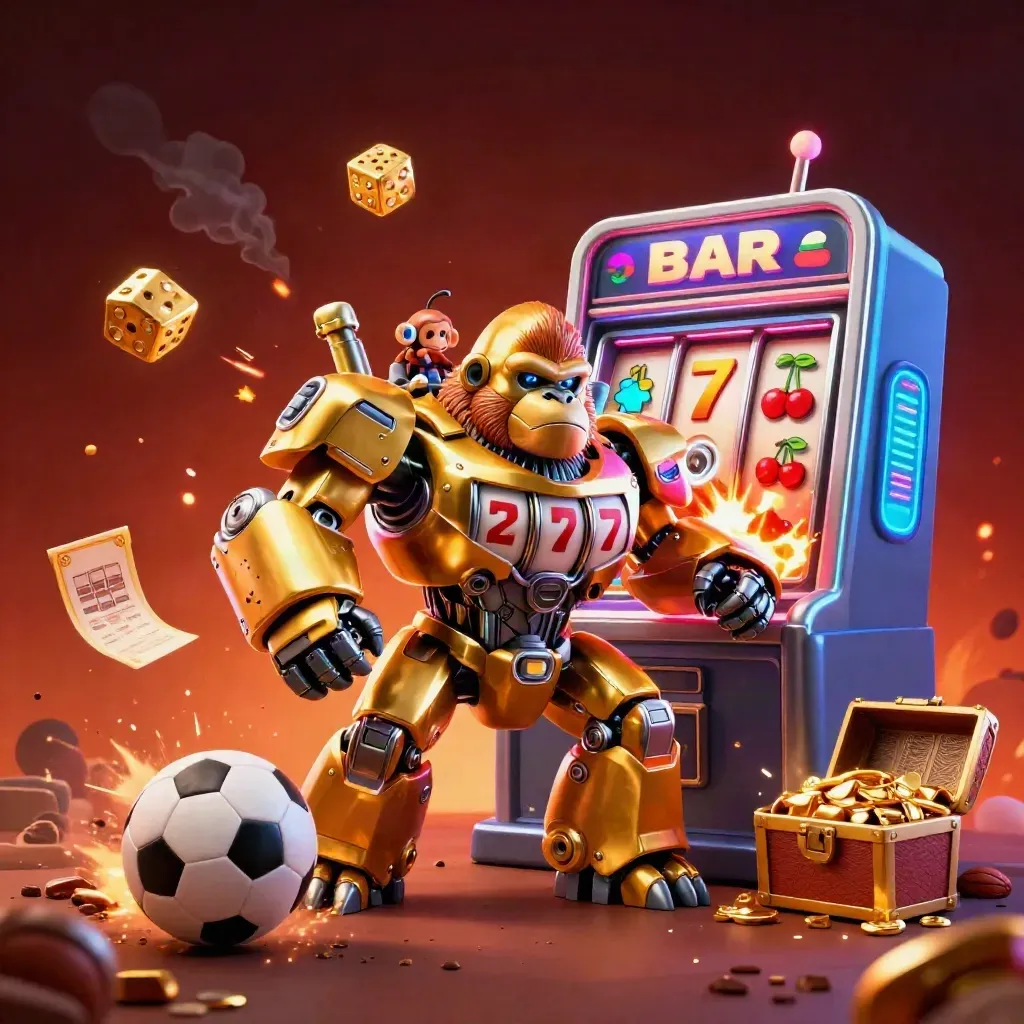 Golden gorilla mech and monkey pilot amid exploding slots, balls, and gold in neon space-casino light