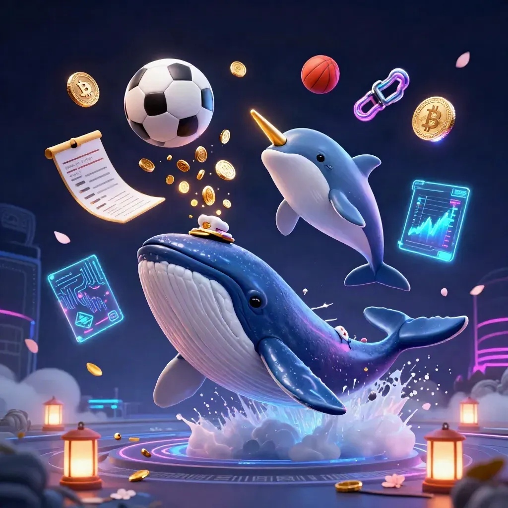 Captain whale and sea creatures burst through coins with neon crypto effects.