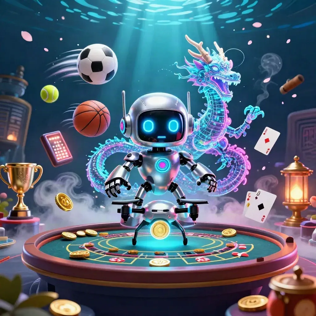 Cyberpunk robot, holographic dragon, and drone amid casino chaos with sports balls and neon lights