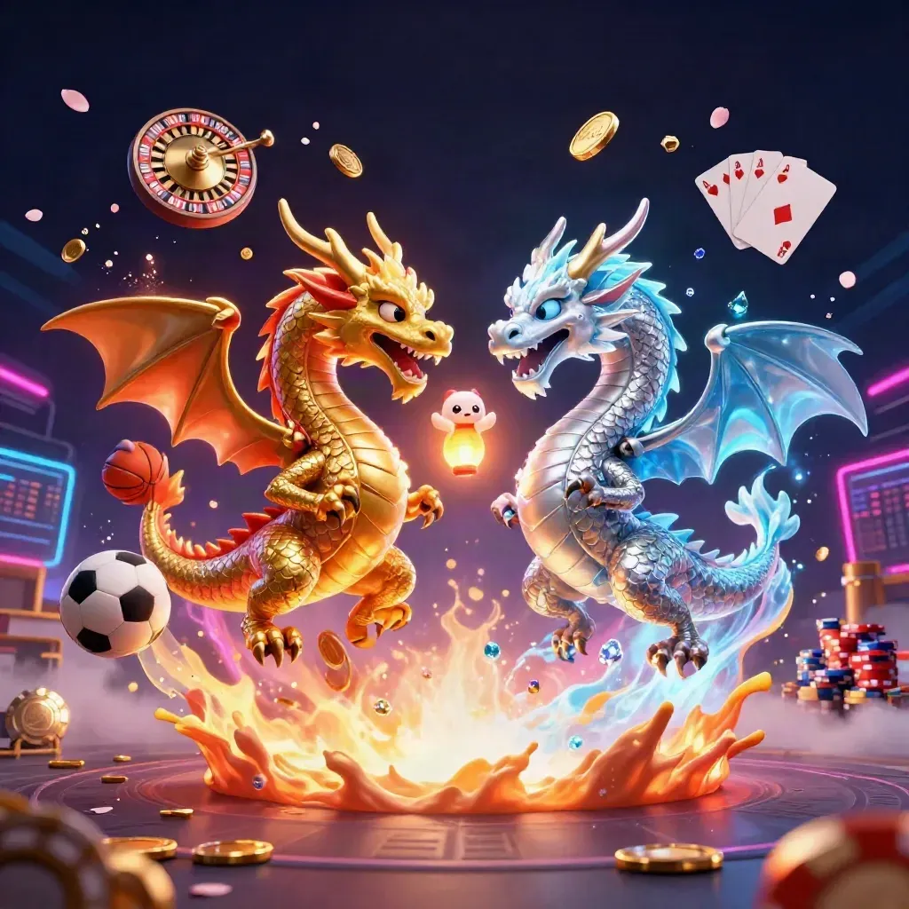 Gold and silver dragons, coins, cards, chips, and sports balls burst through neon space.