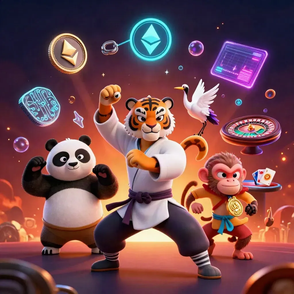 Kung-fu tiger, panda, and monkey amid neon casino crypto action and a spinning roulette wheel.