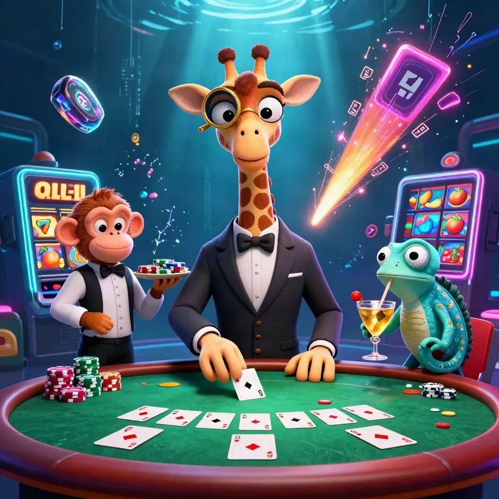 Giraffe, monkey, and chameleon at a glowing VIP poker table with chips and neon casino effects.
