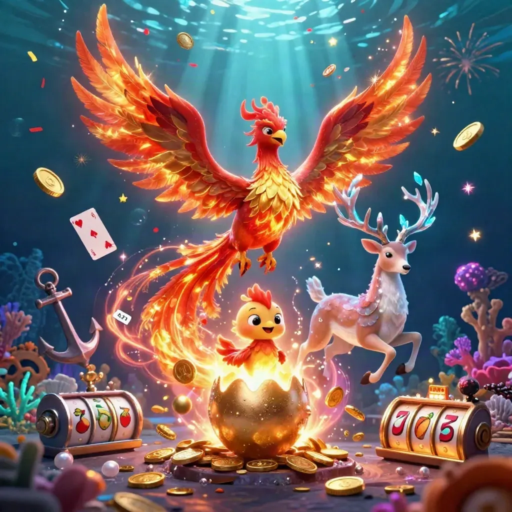 Fire phoenix, hatching baby phoenix, and crystalline stag amid casino treasure and fireworks underwater.