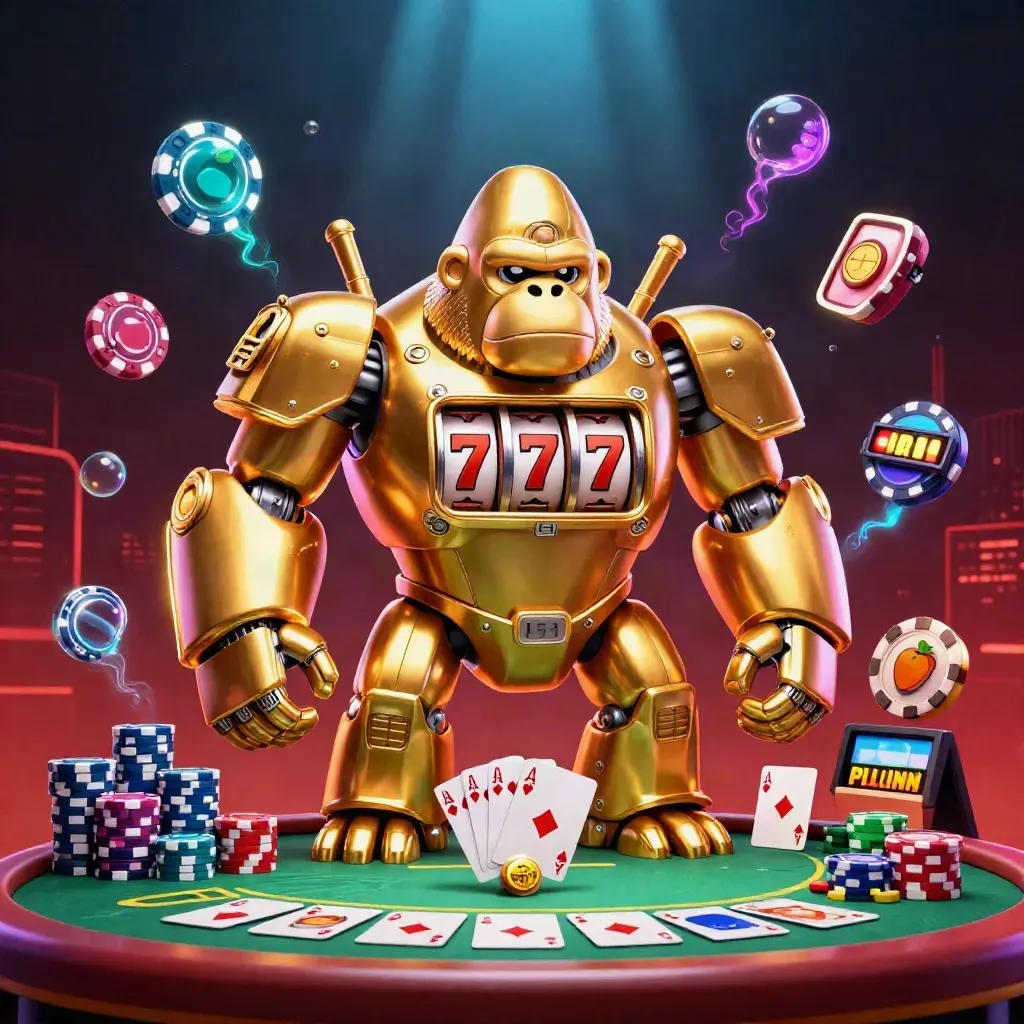 Golden gorilla slot-mech with monkey pilot, poker chips, aces, and neon cosmic casino glow.